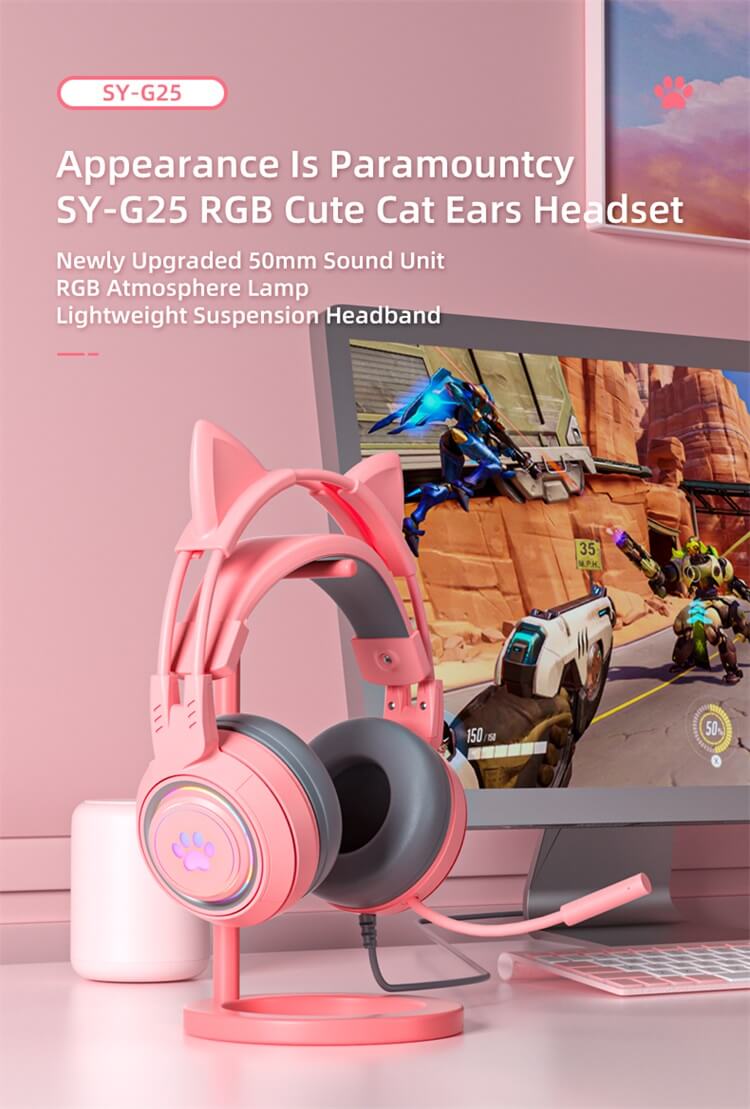 SY-G25 Pembe Sevimli Kedi Kulakları Gökkuşağı RGB Lamba Kulaklık-Shenzhen Shengye Technology Co.,Ltd