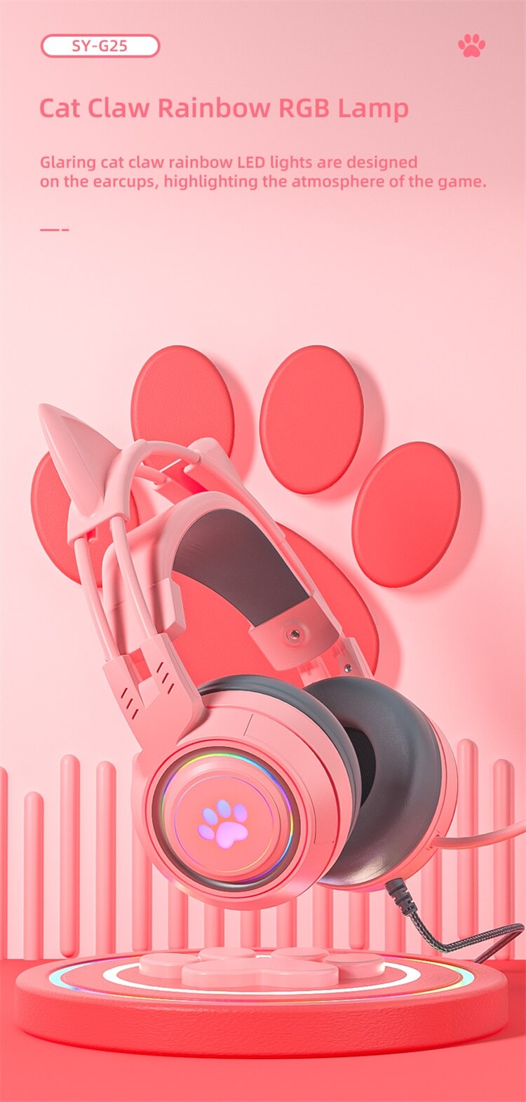 SY-G25 Pink Cute Cat Ears Rainbow RGB Lamp Headphone-Shenzhen Shengye Technology Co.,Ltd