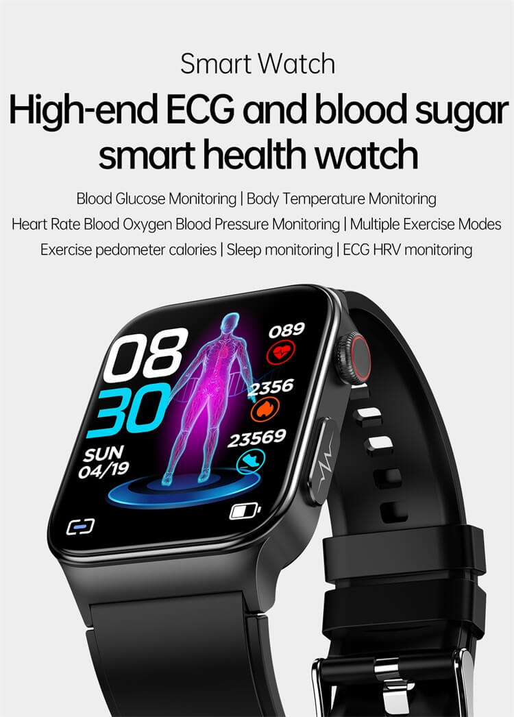 E500 血圧血中酸素血糖心電図スマートウォッチカスタムロゴ 1.83 スクリーン健康追跡スマートウォッチ-深セン Shengye Technology Co.、Ltd