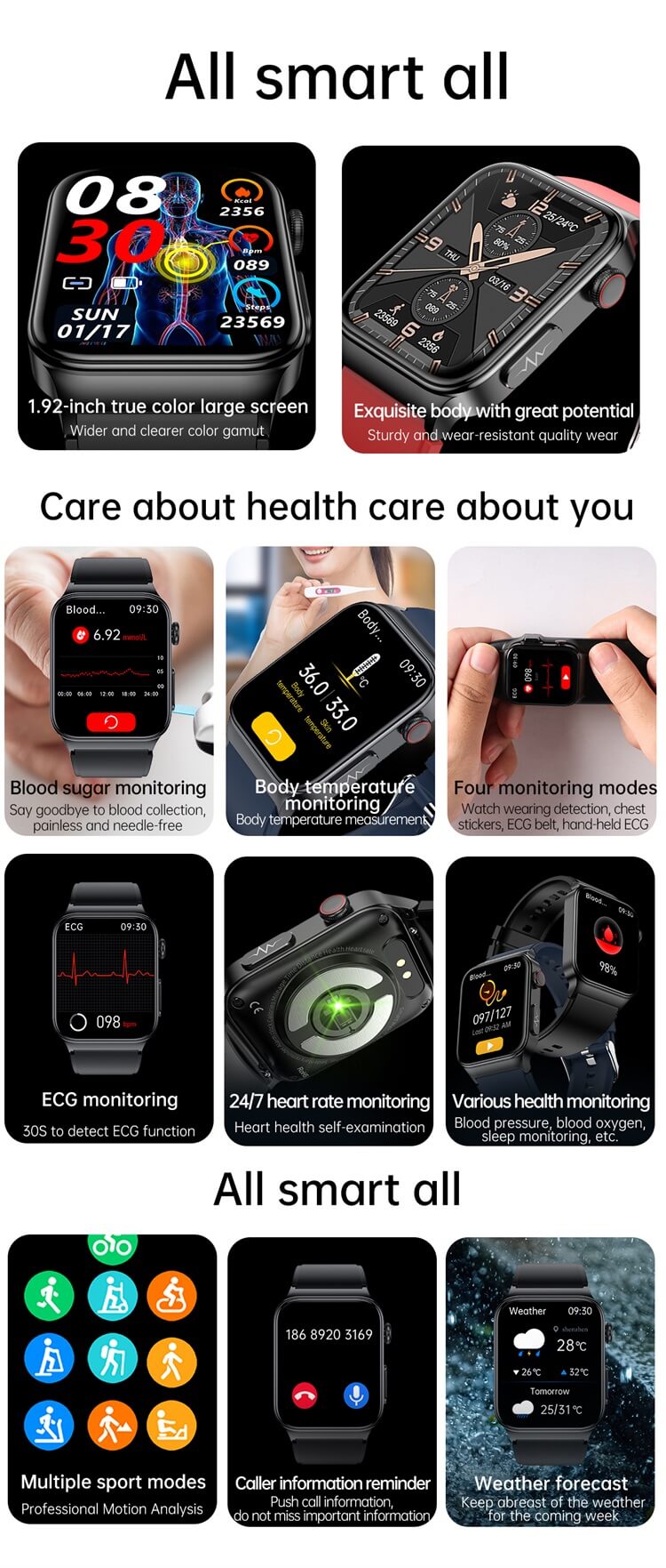 E500 Blutdruck Blutsauerstoff Blutzucker EKG Smartwatch Benutzerdefiniertes Logo 1.83 Bildschirm Gesundheitsüberwachung Smart Watch-Shenzhen Shengye Technology Co., Ltd