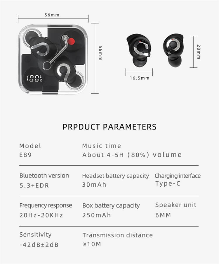 E89 Cambia modalità gioco Modalità musica Custodia trasparente Auricolari BT Auricolare wireless TWS-Shenzhen Shengye Technology Co., Ltd