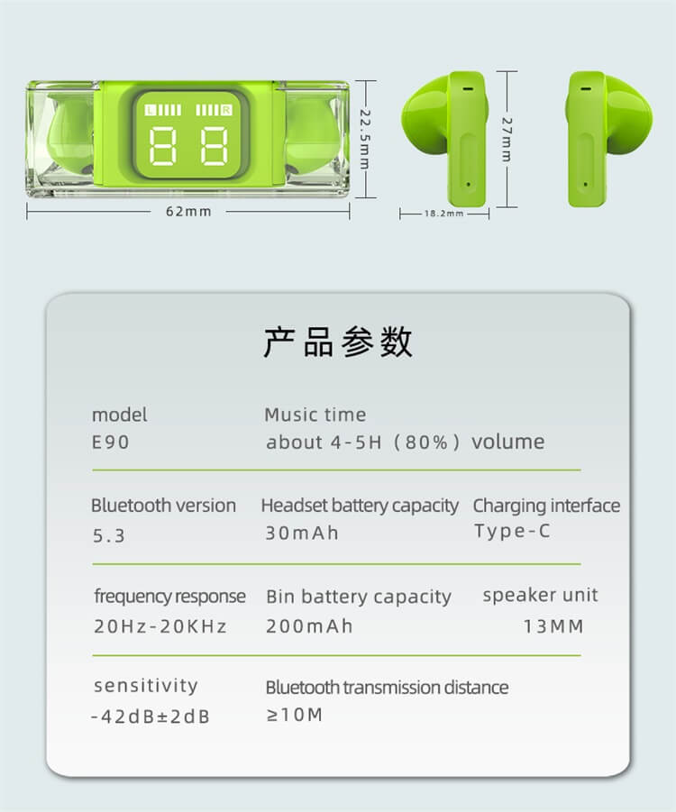 E90 Caja de color transparente Pantalla LED Auriculares BT Auriculares inalámbricos TWS-Shenzhen Shengye Technology Co.,Ltd