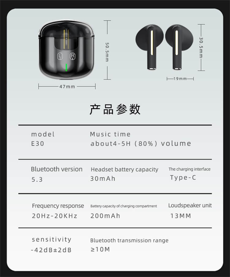 E30 BT 5.3 Long Battery Life 20 Hours Wireless Earbuds TWS Earphone-Shenzhen Shengye Technology Co.,Ltd
