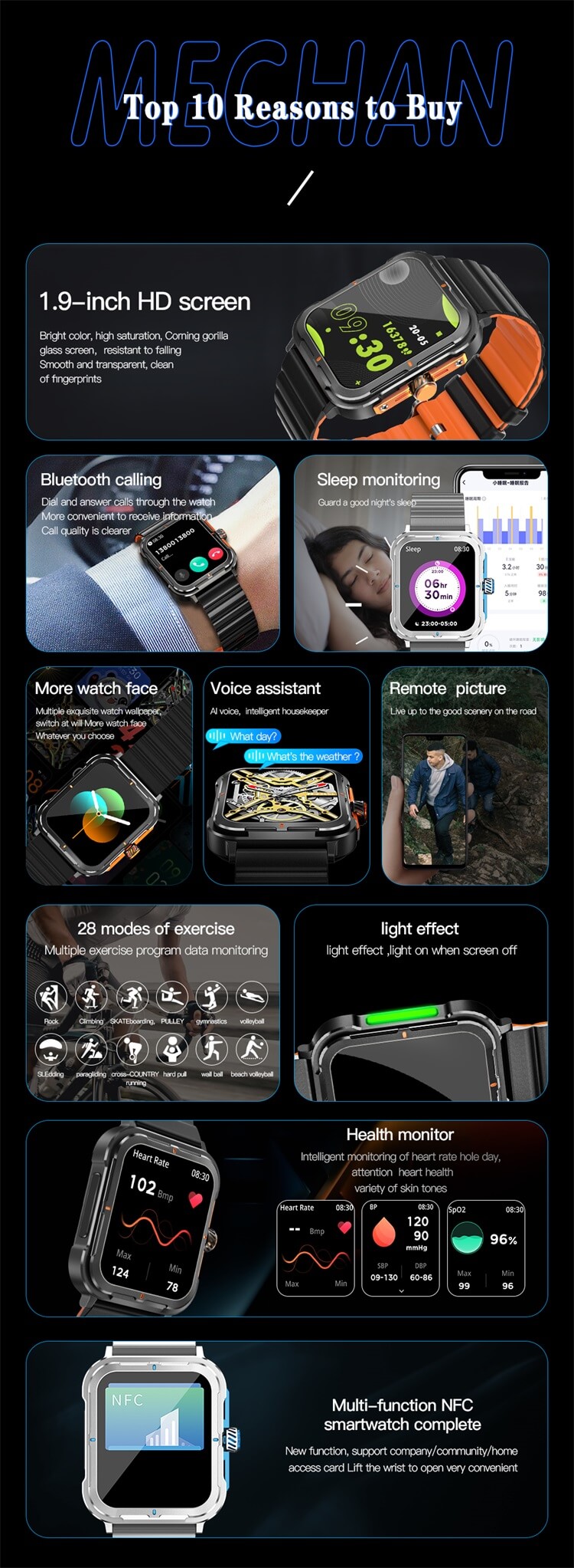 D09 Solid Design Powerful Strength 1.9 Inch HD Screen Call Music Real Blood Oxygen Encoder 128M Large Memory NFC Smart Watch-Shenzhen Shengye Technology Co.,Ltd