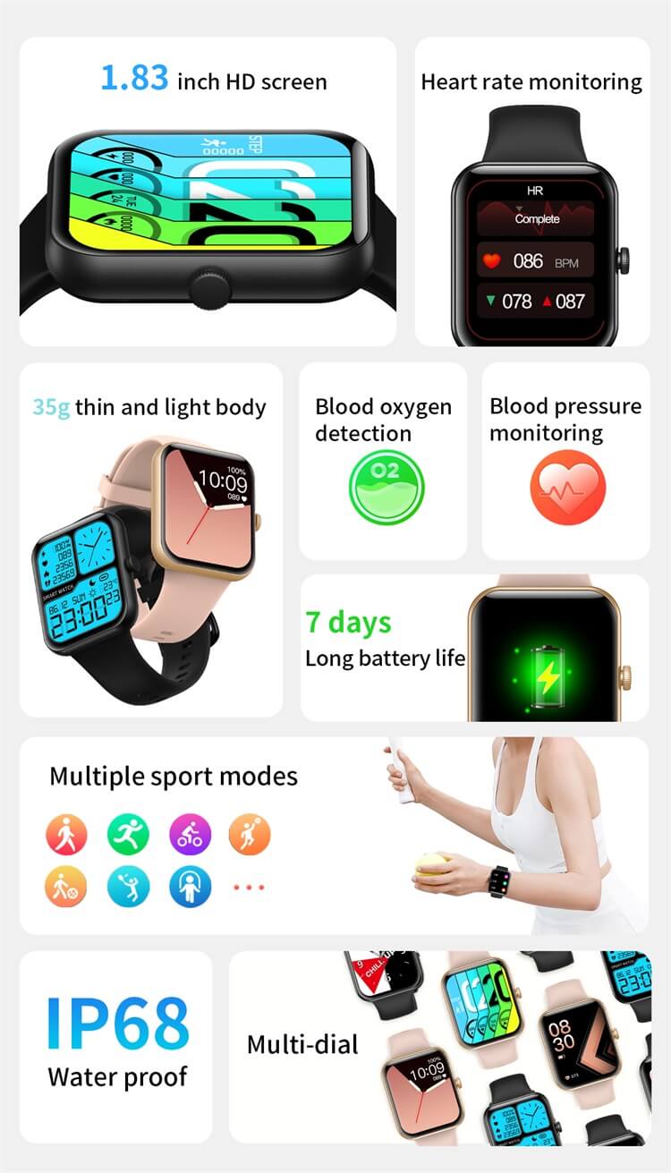 L32 Corpo leggero e sottile Schermo da 1,83 pollici Ossigeno nel sangue Pressione sanguigna IP68 Impermeabile 100 vari quadranti Smart Watch-Shenzhen Shengye Technology Co., Ltd