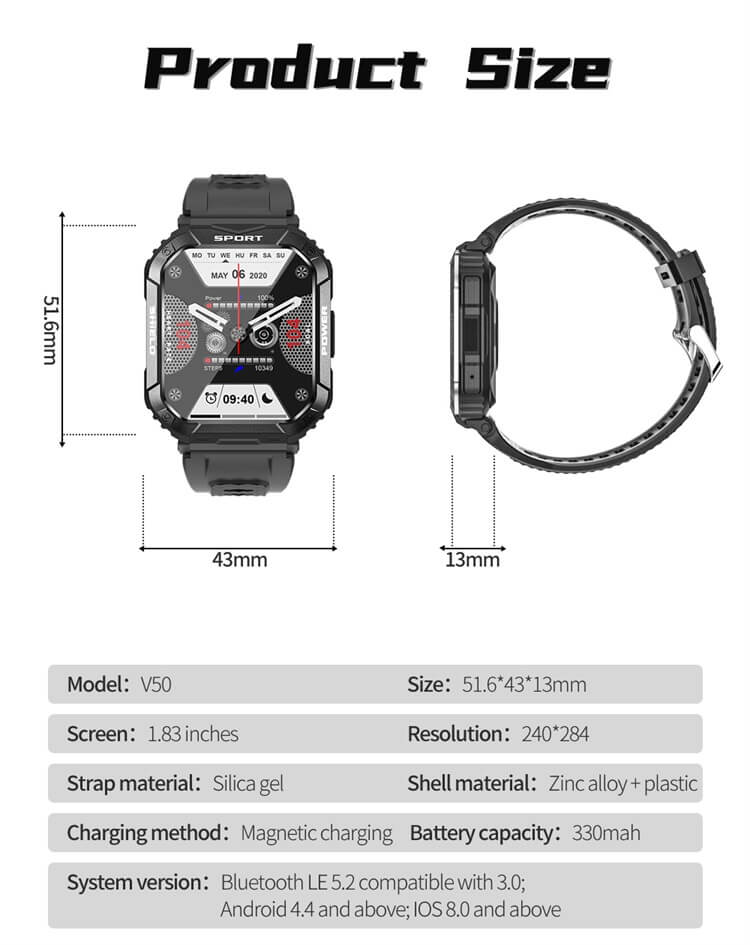 V50 Schermo ad alta definizione da 1,83 pollici Sport Tre difese 330mAh Batteria grande Standby lungo Smart Watch-Shenzhen Shengye Technology Co., Ltd