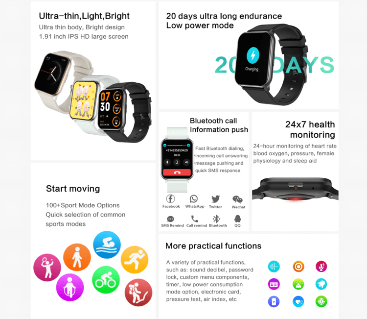 Zero Max 1,91 Zoll ultradünne, helle, helle Smartwatch mit Android, 20 Tage Akkulaufzeit, Herren- und Damen-Smartwatch – Shenzhen Shengye Technology Co., Ltd