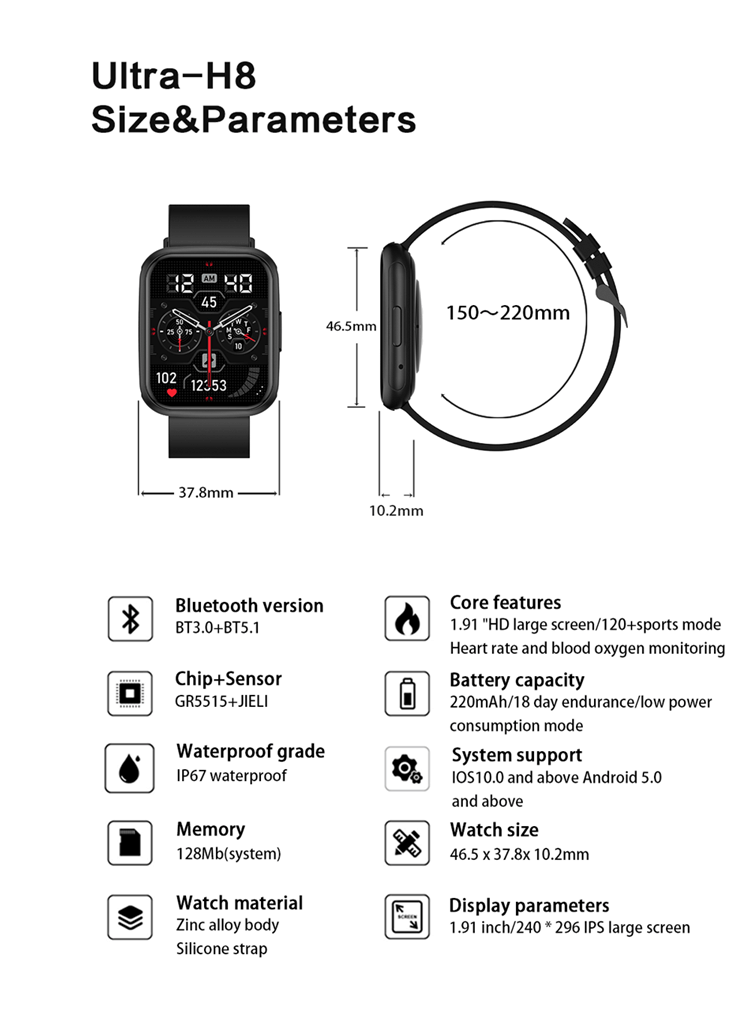 H8 Large HD Screen 1.91 Inch 5 GPS Sport Pacing Ultra Thin Smartwatch Android reloj inteligente Smart Watch-Shenzhen Shengye Technology Co.,Ltd