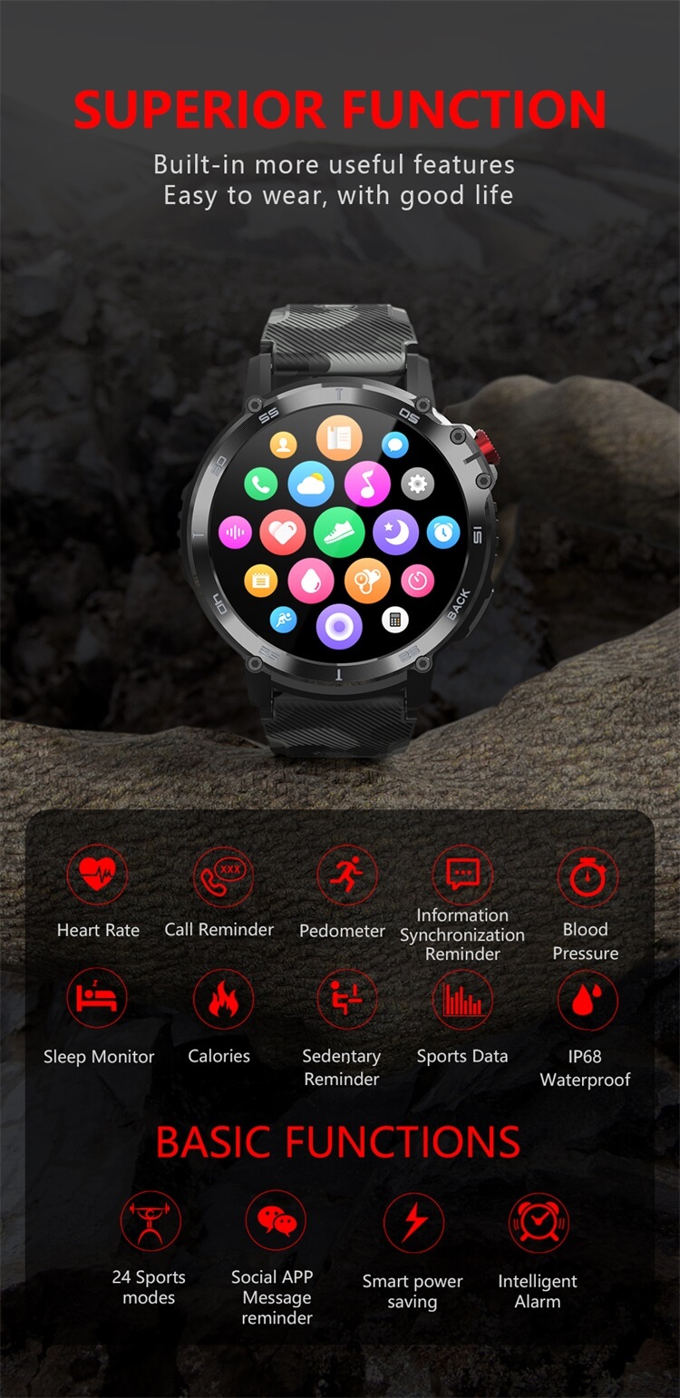 C22 montre intelligente ronde extérieure IP68 400 mAh longue durée de veille montres intelligentes Android-Shenzhen Shengye Technology Co., Ltd