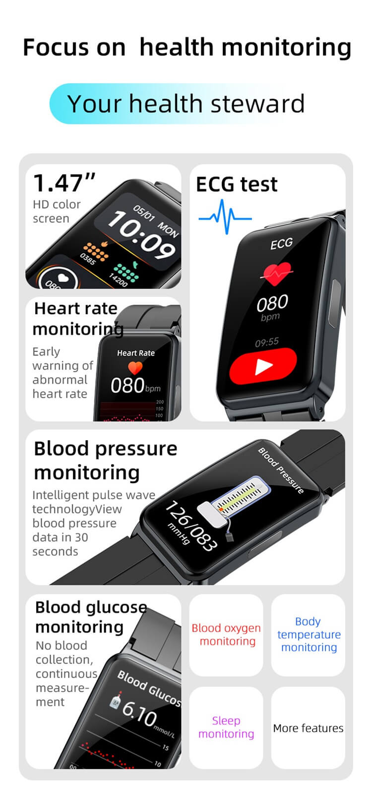 Arzopa Smartwatch Monitor de glucosa en sangre ECG + PPG Medición