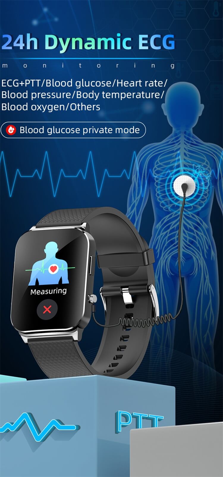 Reloj inteligente para hombre, medidor de glucosa en sangre, ECG +