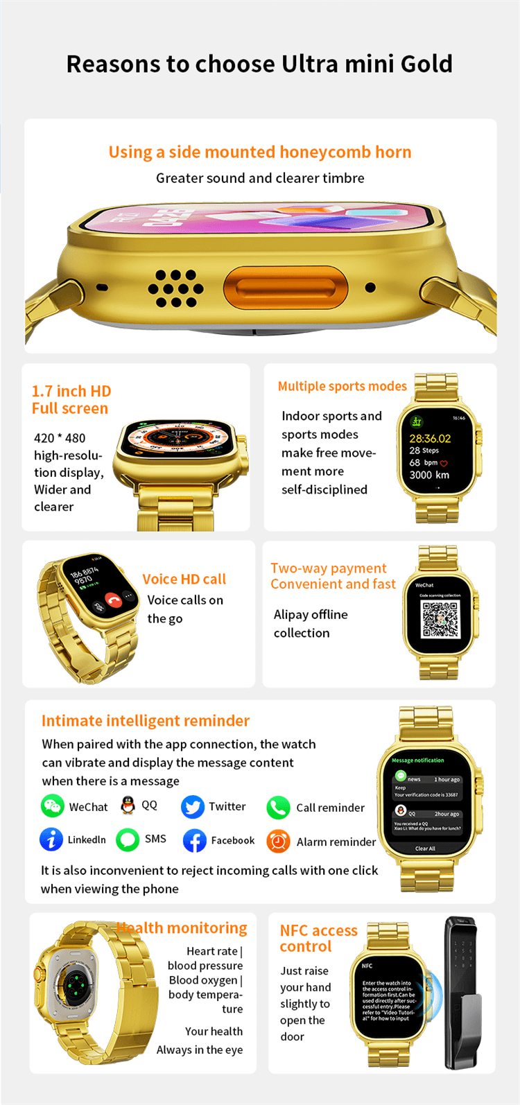 ساعة ذكية فائقة الدقة باللون الذهبي 420*480 عالية الدقة-Shenzhen Shengye Technology Co.,Ltd