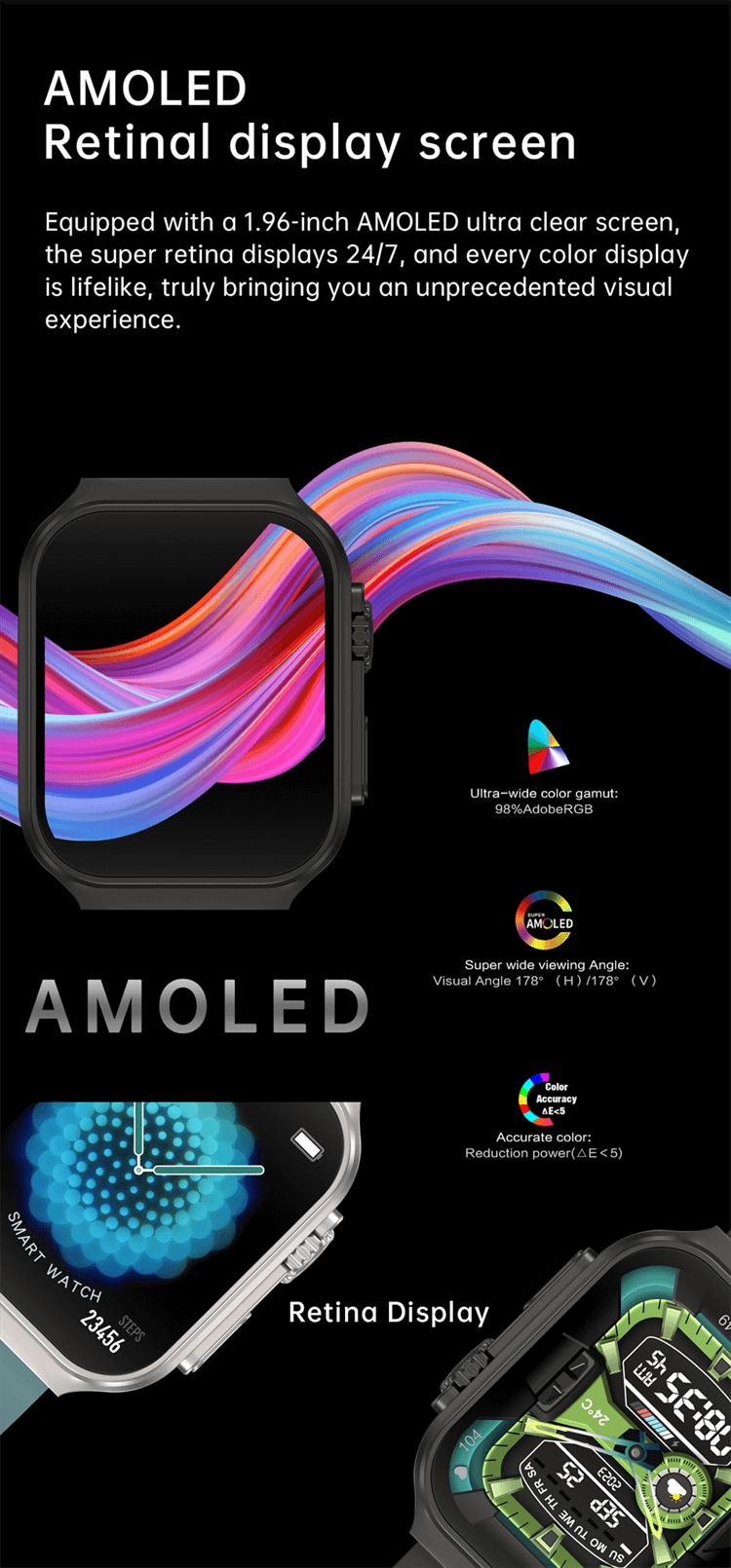 OA88 स्मार्टवॉच 1.96 इंच AMOLED अल्ट्रा क्लियर स्क्रीन 3D फ्लेक्सिबल सरफेस डिज़ाइन-शेन्ज़ेन शेंगये टेक्नोलॉजी कं, लिमिटेड