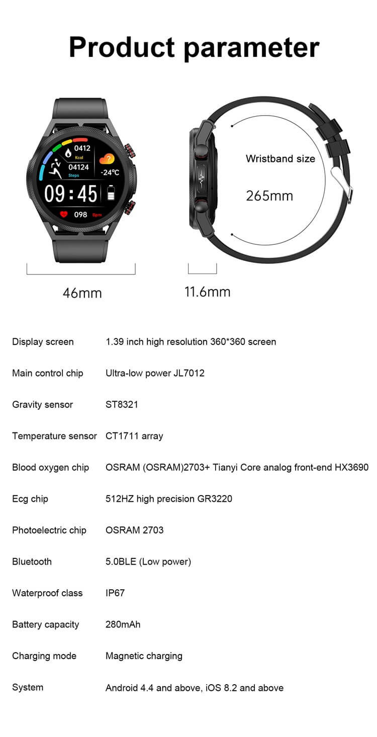 ET310 สมาร์ทวอทช์ ECG ฟังก์ชั่น การวัดอุณหภูมิกรดยูริกของไขมัน การตรวจสอบอุณหภูมิ-Shenzhen Shengye Technology Co.,Ltd