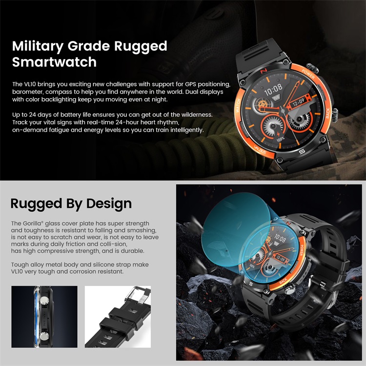 VL10 Outdoor Recreation Rugged Smart Watch IP68 Waterproof Real Time Compass 2 In 1 High Performancechip-Shenzhen Shengye Technology Co.,Ltd