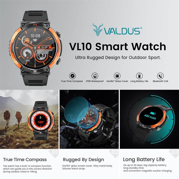 VL10 Outdoor Recreation Rugged Smart Watch IP68 Waterproof Real Time Compass 2 In 1 High Performancechip-Shenzhen Shengye Technology Co.,Ltd