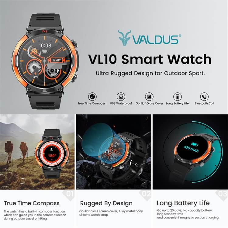 VL10 Montre intelligente robuste pour loisirs en plein air, étanche IP68, boussole en temps réel, puce haute performance 2 en 1-Shenzhen Shengye Technology Co., Ltd