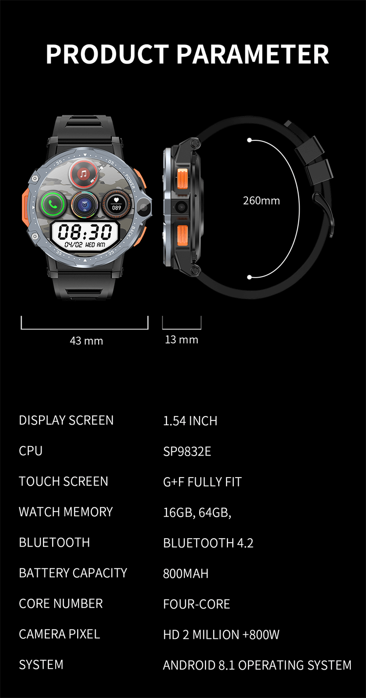 PG999 4G Sim-Karte Android 8.1 Smartwatch 5G GPS WIFI NFC 64 GB ROM 4 GB RAM Quad-Core-CPU Dual-Kamera-Shenzhen Shengye Technology Co., Ltd