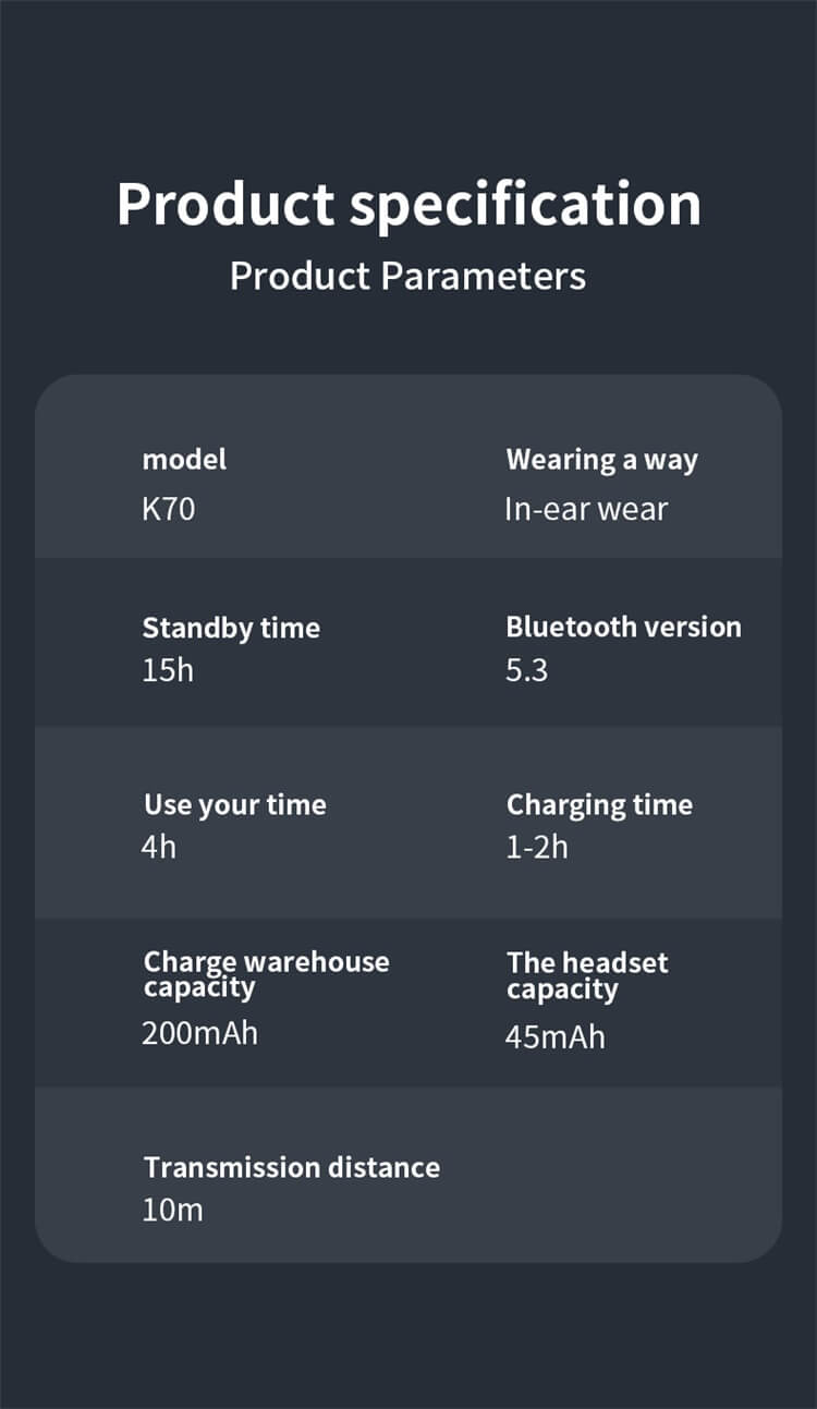 K70 Earphone HD Call HIFI Stereo Sound Long Endurance Automatic Power Pairing-Shenzhen Shengye Technology Co. Ltd