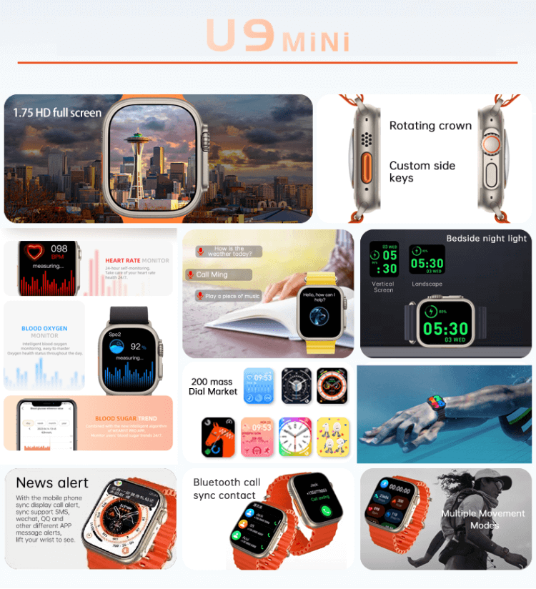 U9 MiNi Smartwatch مراقبة صحية شاشة كاملة HD 1.75 بوصة عرض سعة بطارية كبيرة - Shenzhen Shengye Technology Co.,Ltd