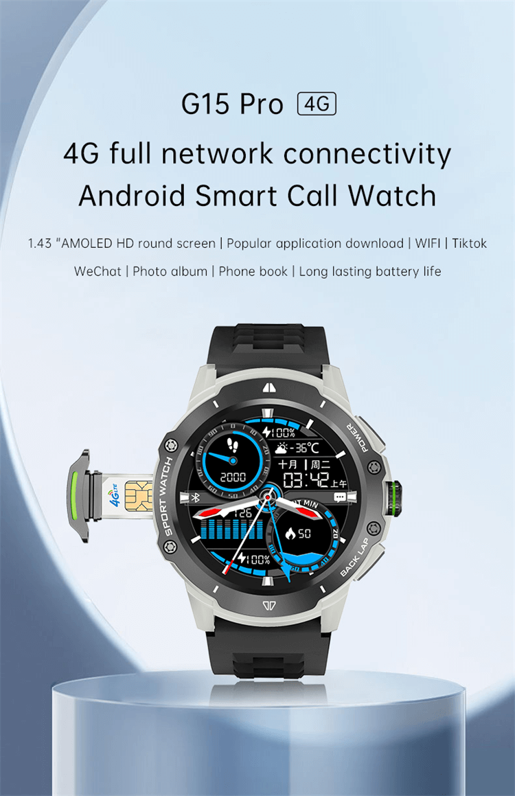 G15 PRO Smartwatch 4G اتصال كامل بالشبكة شاشة ملونة AMOLED عالية الوضوح مقاس 1.43 بوصة - Shenzhen Shengye Technology Co.,Ltd