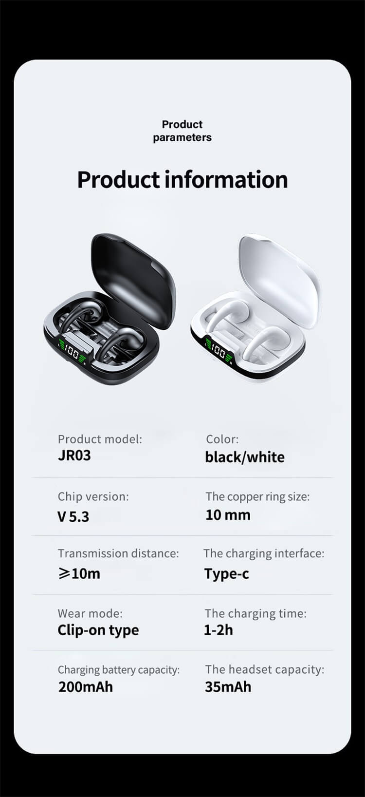 JR03 Écouteurs HiFi Sound Shock Type d'oreille Casque sans fil Longue durée de vie de la batterie-Shenzhen Shengye Technology Co., Ltd