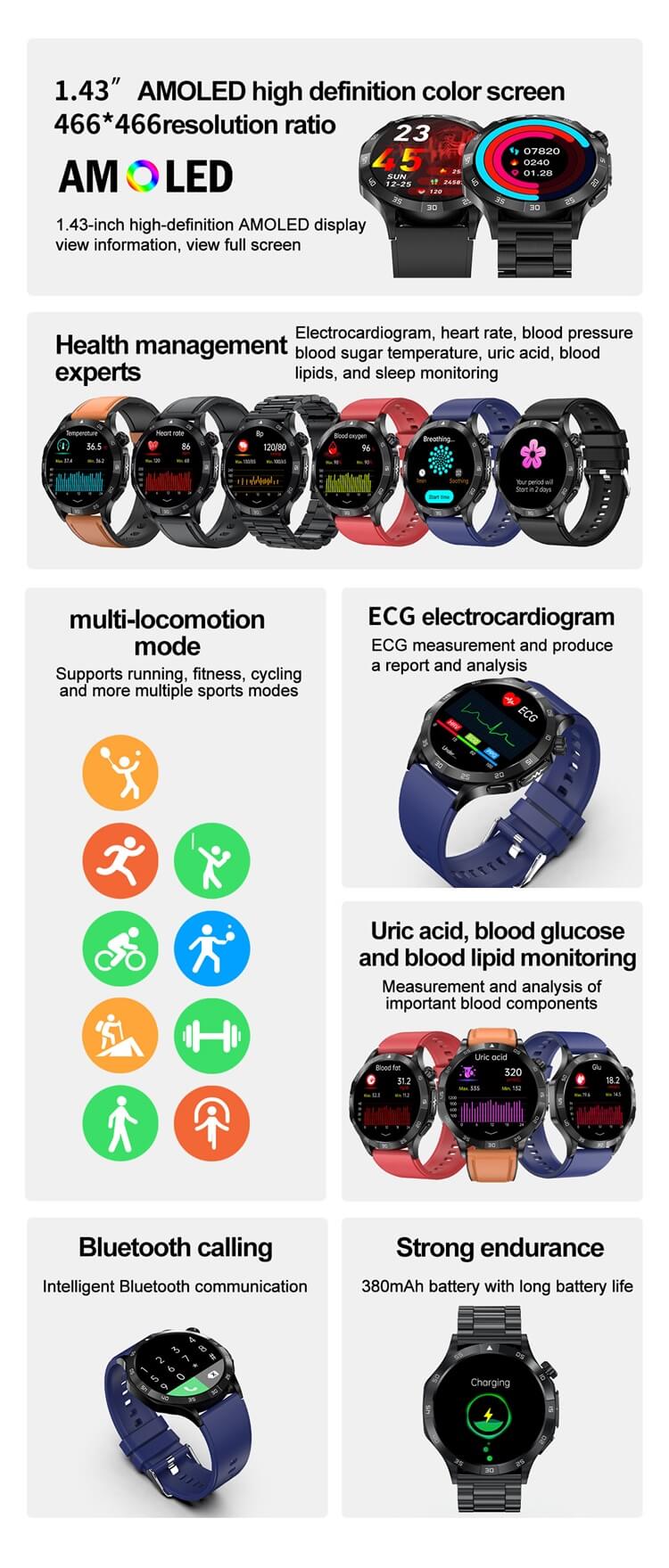 ET381 Smartwatch 1.43 Polegada Tela AMOLED ECG Teste Bluetooth Chamada Monitoramento de Fitness Profissional-Shenzhen Shengye Technology Co., Ltd