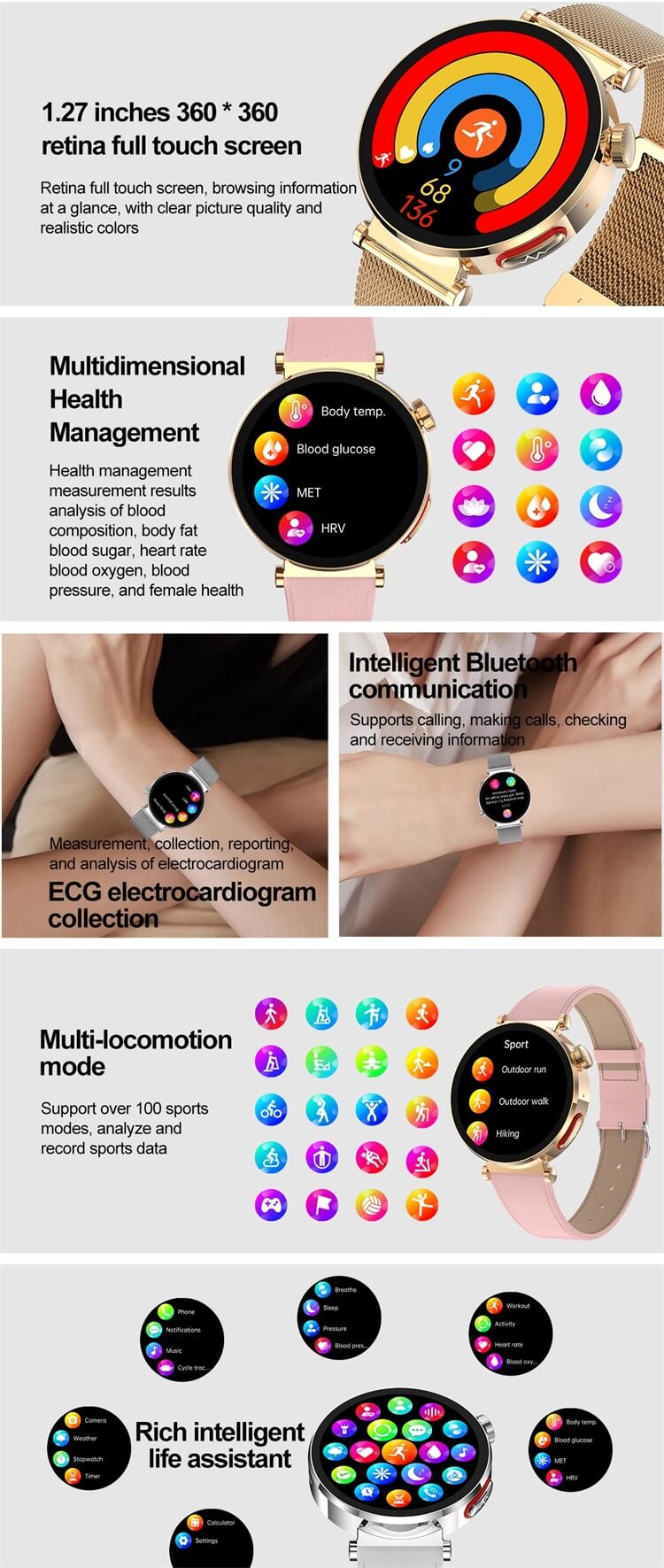 ET490 Smartwatch Montre de santé pour femmes Surveillance ECG précise Conception d'apparence ronde-Shenzhen Shengye Technology Co., Ltd