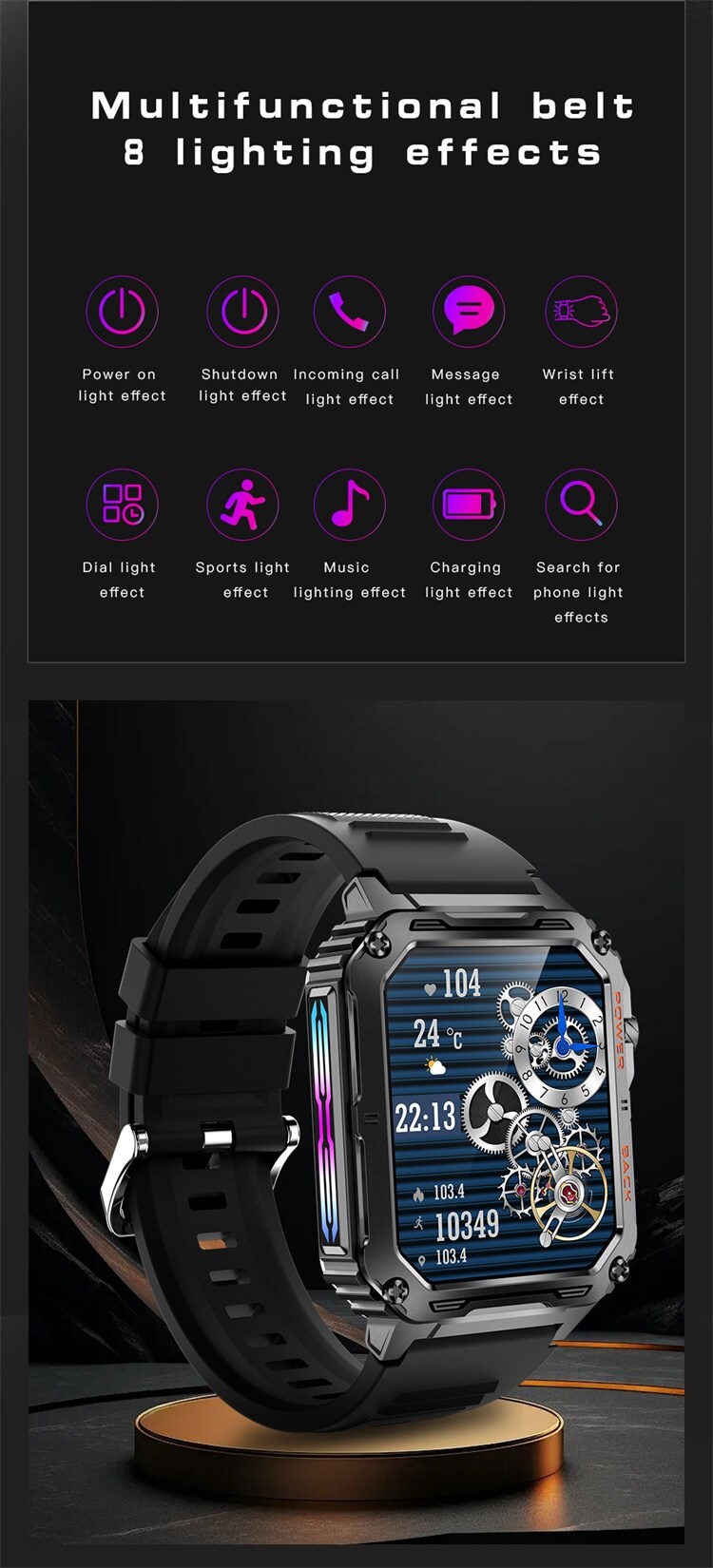 VD38 SmartWatch Часы для отдыха на природе Динамический светодиодный световой эффект Поддержка водонепроницаемости-Shenzhen Shengye Technology Co.,Ltd
