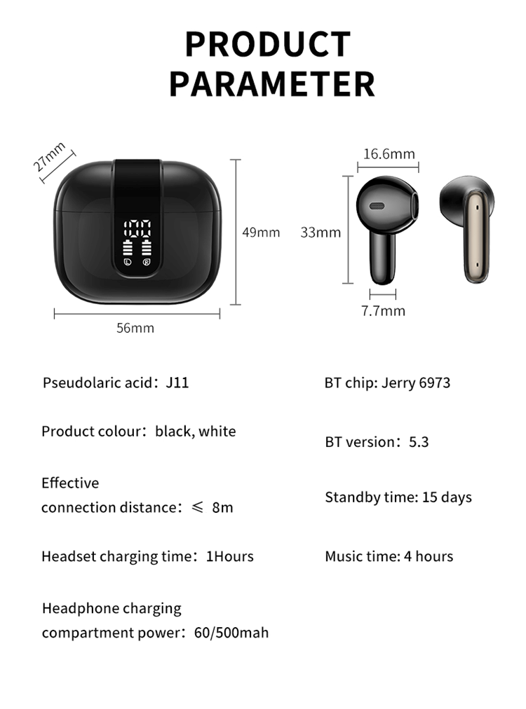 J11 Earbuds BT5.3 Large Battery Capacity Intelligent Digital Display 3D Sound Immersive-Shenzhen Shengye Technology Co. Ltd