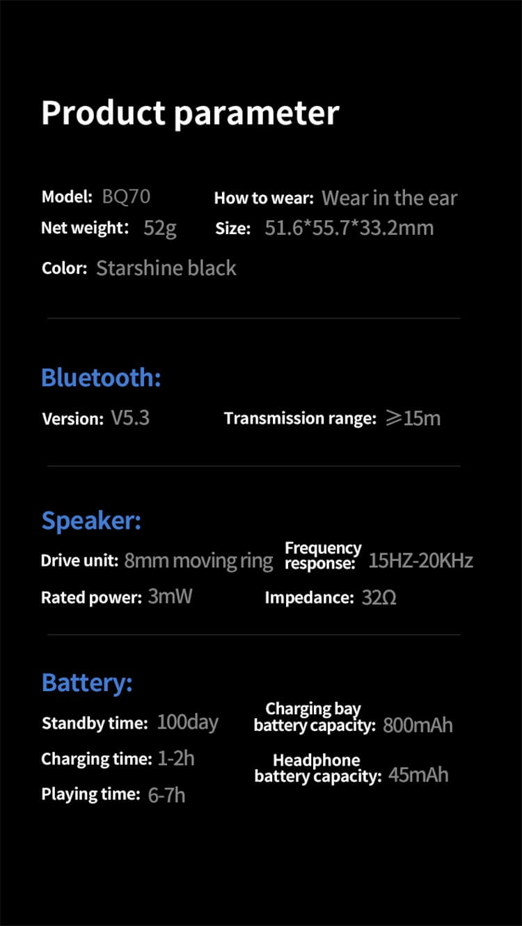 BQ70 Earbuds Fashion Starshine Black Dual Noise Reduction Emergency Mobile Power Supply-Shenzhen Shengye Technology Co. Ltd