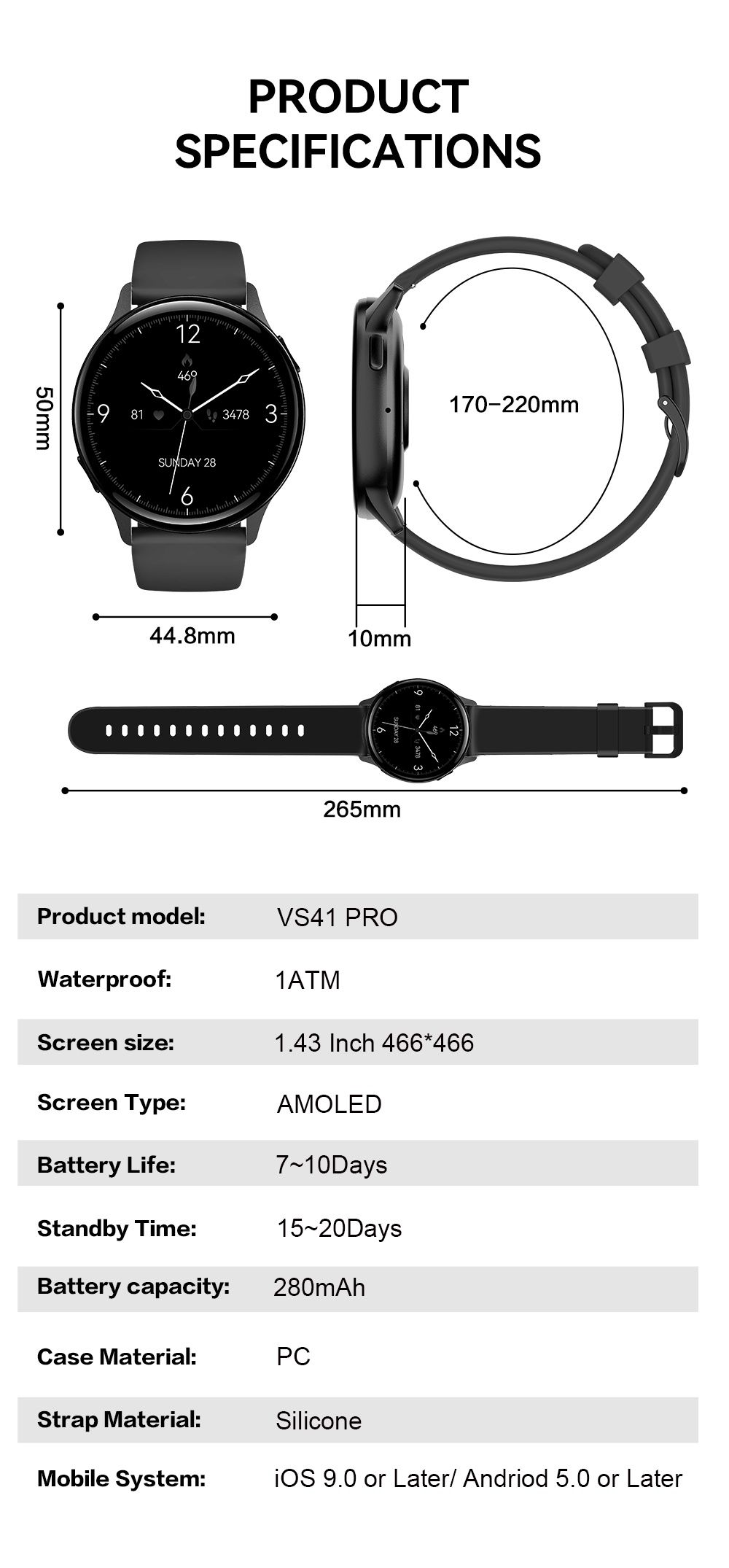 VALDUS VS41 PRO 1ATM Waterproof Smartwatch 1.43Inch AMOLED Large Screen 280mAh BT Call Sport Relojes Smart Watch-Shenzhen Shengye Technology Co.,Ltd