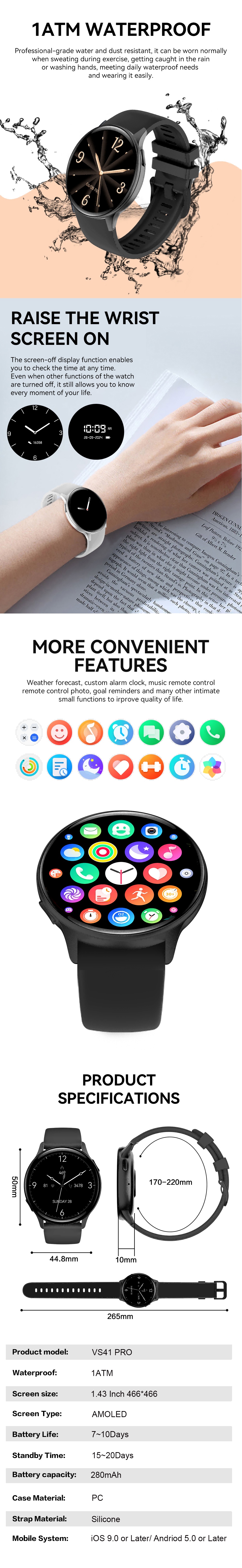 VALDUS VS41 PRO 1ATM Waterproof Smartwatch 1.43Inch AMOLED Large Screen 280mAh BT Call Sport Relojes Smart Watch-Shenzhen Shengye Technology Co.,Ltd