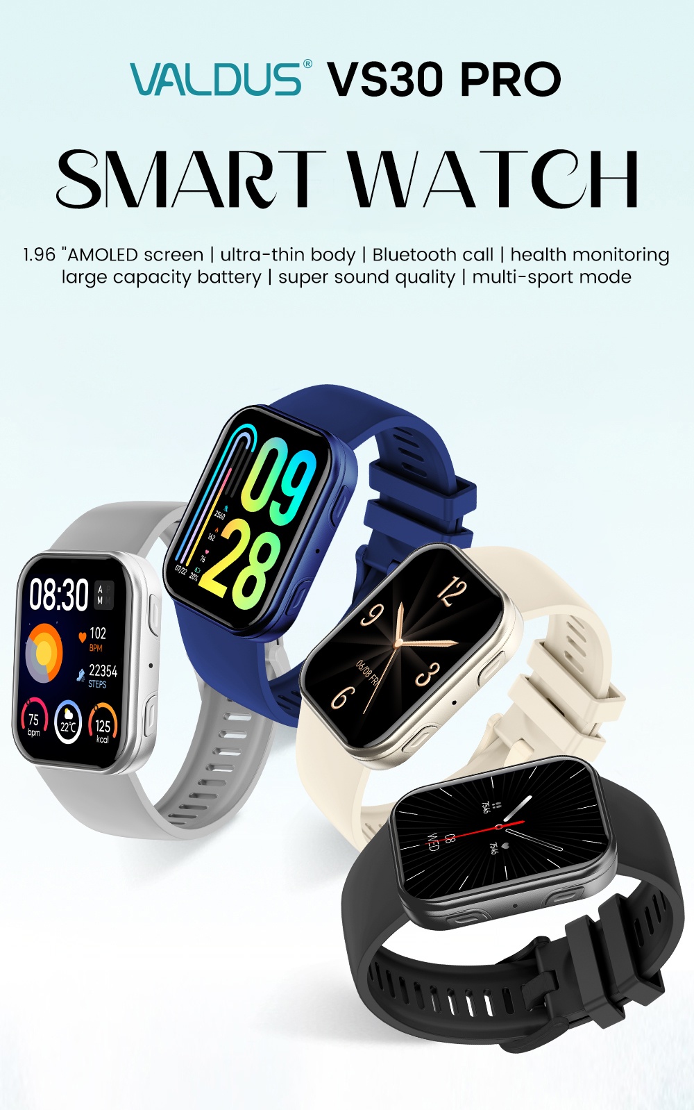 VALDUS New VS30 PRO Fitness Tracker Smartwatch Supports Bluetooth Calls Heart Rate Monitoring 1.93 Inch AMOLED Screen 1ATM Waterproof Unisex Smart Watch-Shenzhen Shengye Technology Co.,Ltd