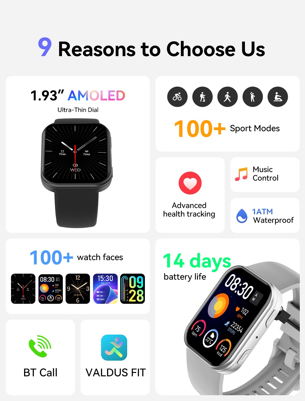 VALDUS New VS30 PRO Fitness Tracker Smartwatch Supports Bluetooth Calls Heart Rate Monitoring 1.93 Inch AMOLED Screen 1ATM Waterproof Unisex Smart Watch-Shenzhen Shengye Technology Co.,Ltd