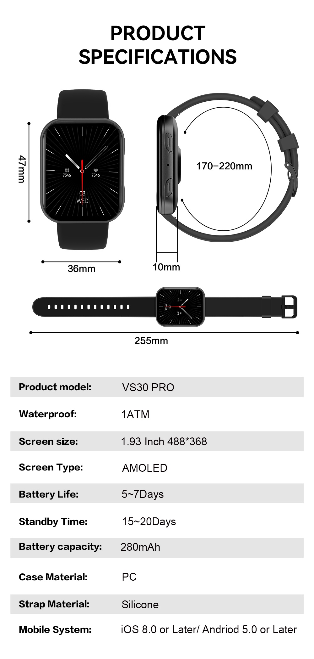 VALDUS New VS30 PRO Fitness Tracker Smartwatch Supports Bluetooth Calls Heart Rate Monitoring 1.93 Inch AMOLED Screen 1ATM Waterproof Unisex Smart Watch-Shenzhen Shengye Technology Co.,Ltd