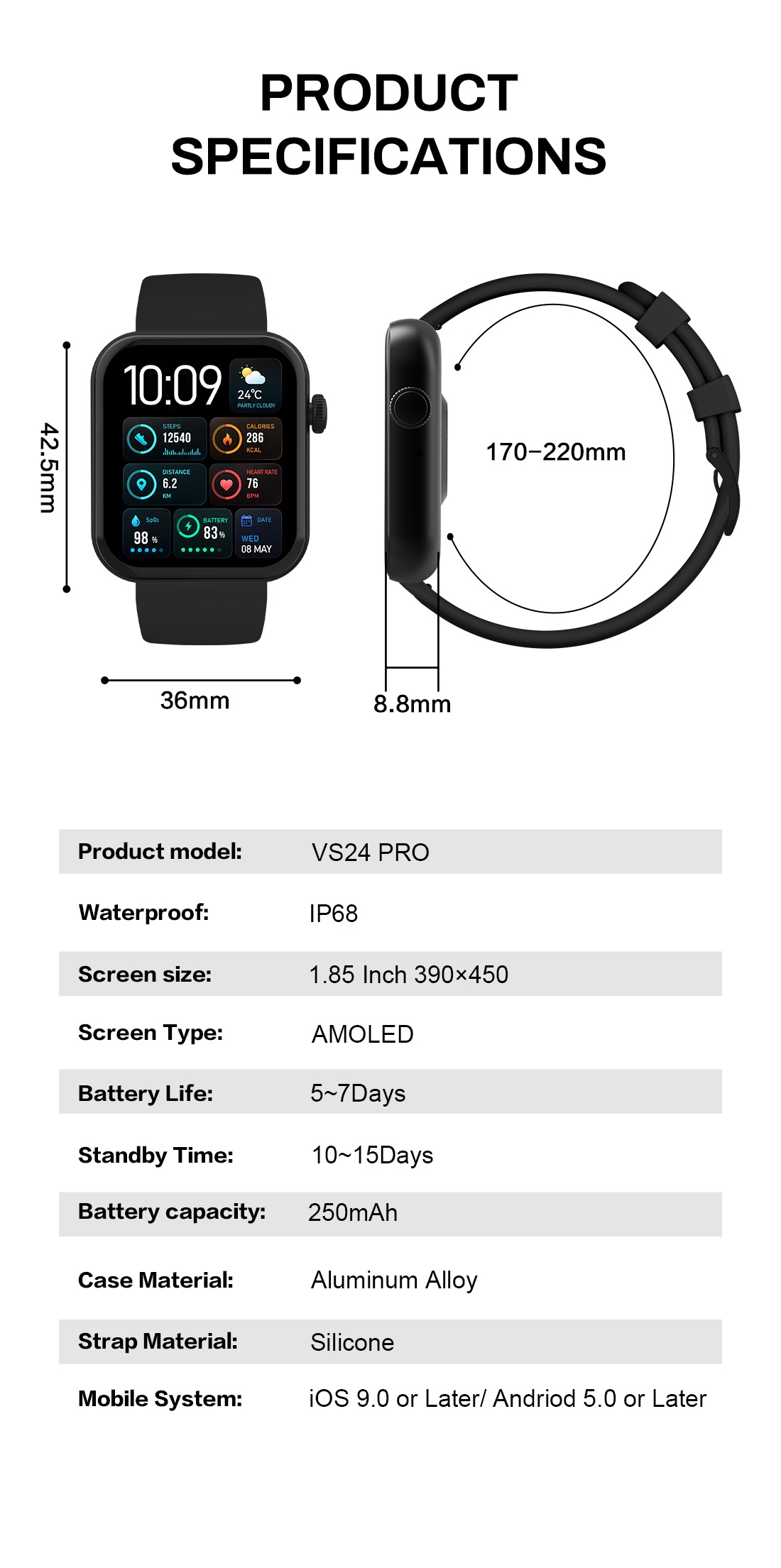 VALDUS New VS24 PRO 1.85-inch AMOLED Screen Smartwatch with Health Monitoring Bluetooth Calls And IP68 Waterproof Smart Watch-Shenzhen Shengye Technology Co.,Ltd