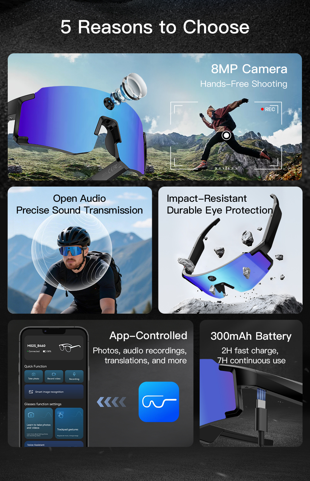VALDUS Newly Launched SVI01 Solar Smart Glasses With an 8MP Camera Motion Support IPX4 waterproof 1080P video recording Solar Smart Glasses-Shenzhen Shengye Technology Co.,Ltd